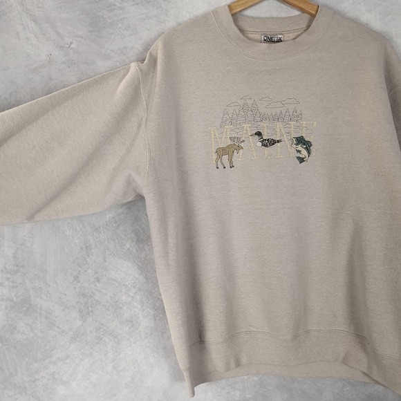 Vintage 90s Maine Sweatshirt Mens Large Beige Moose Duck Wildlife USA Oneita - Picture 3 of 16